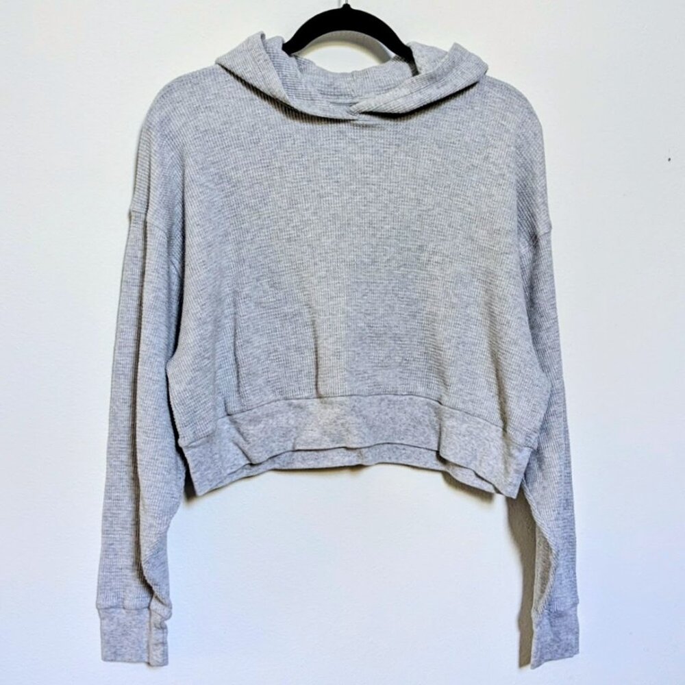 Aritzia Babaton Thermal Waffle Knit Crop Oversize Sweatshirt Hoodie Gray (Large)